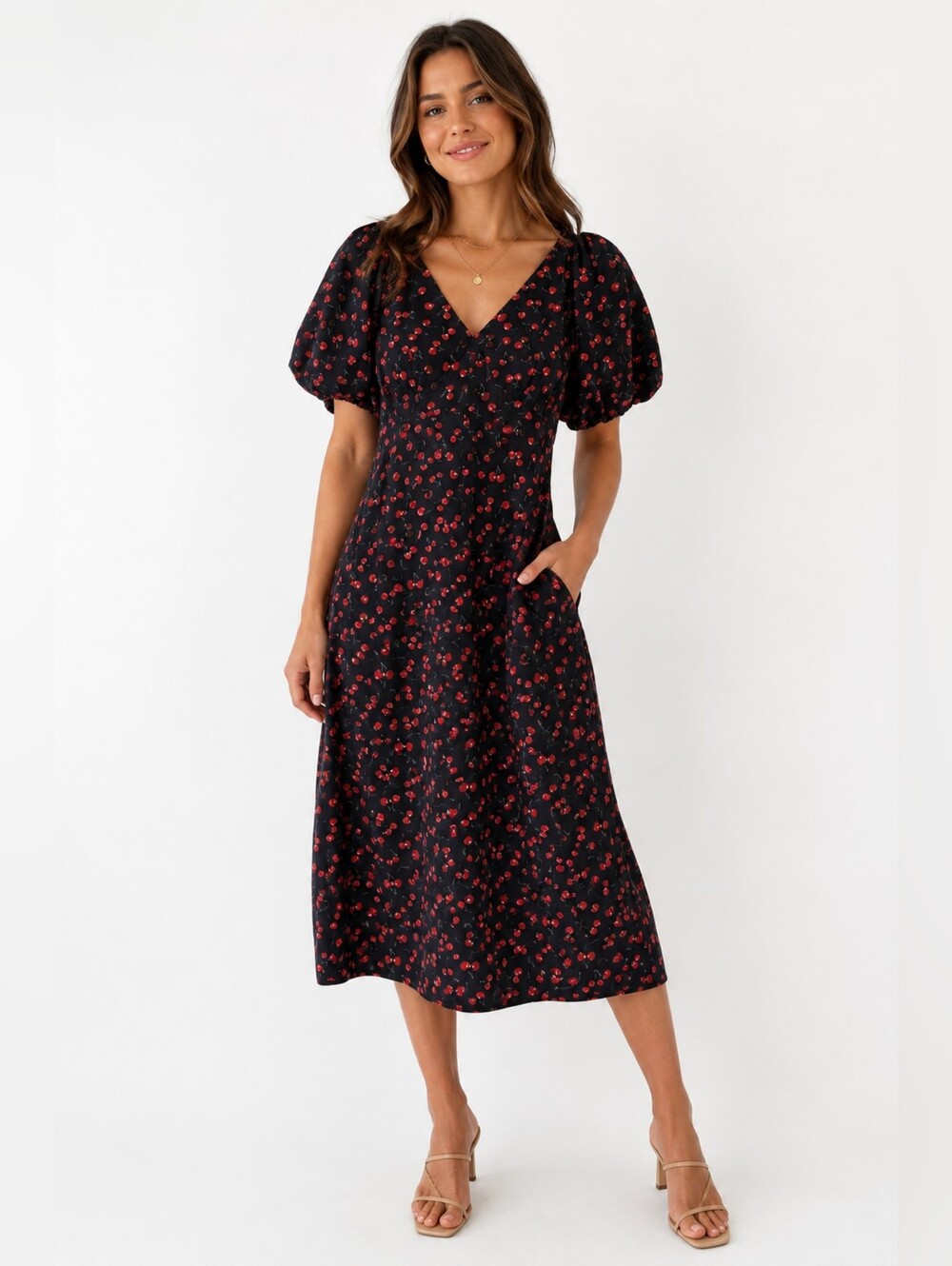 AVA & VIV Black Cherry Fruit Print Midi Dress 1X Pocket Puff Sleeve Rockabilly